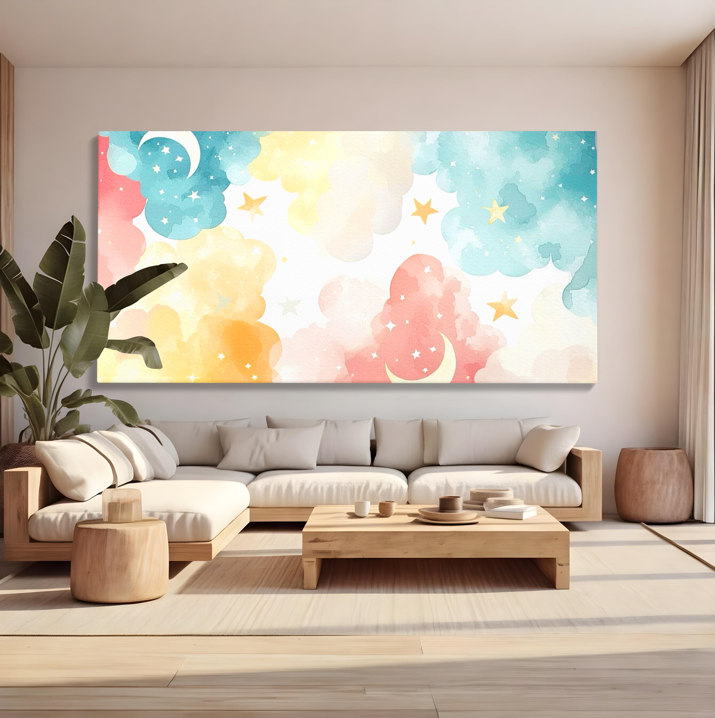 Tablou canvas cu ilustratie canvas cu nori si semiluni, fara rama, pe sasiu de lemn, pe perete intr-un living